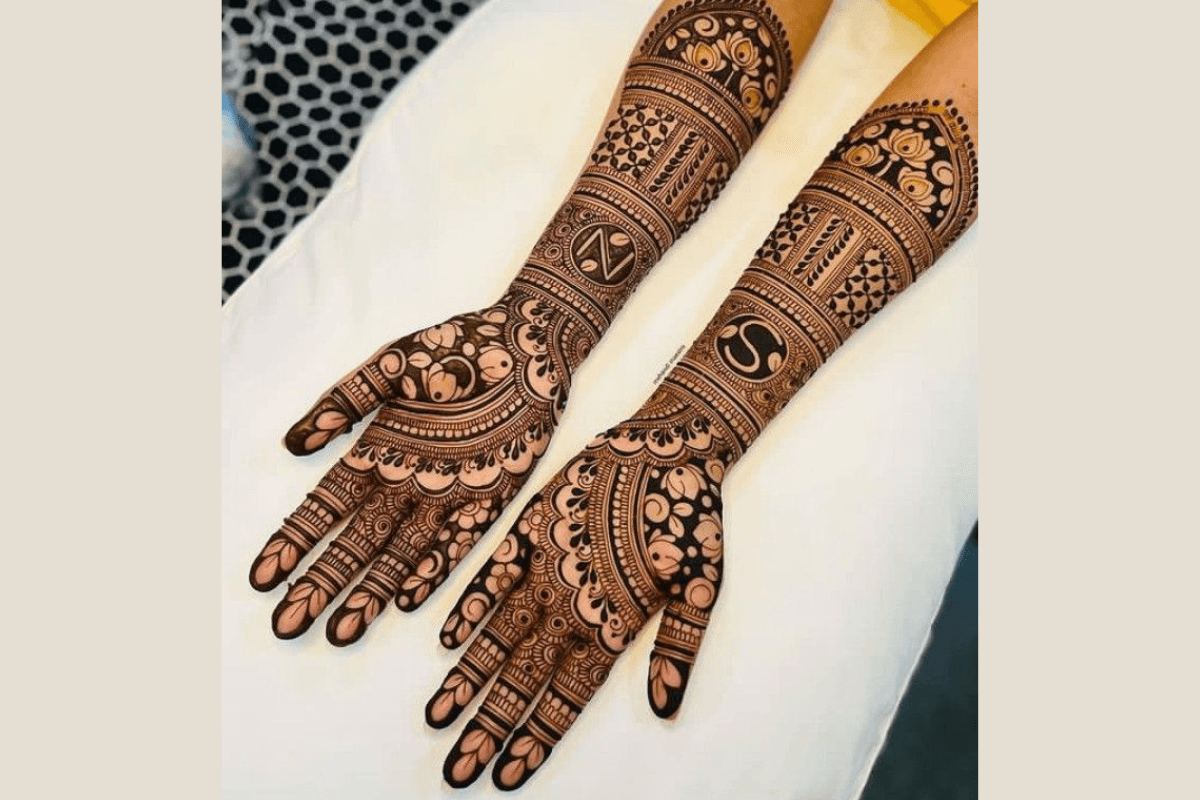 Vat Savitri mehndi design with traditional leaf and vine pattern for full hand