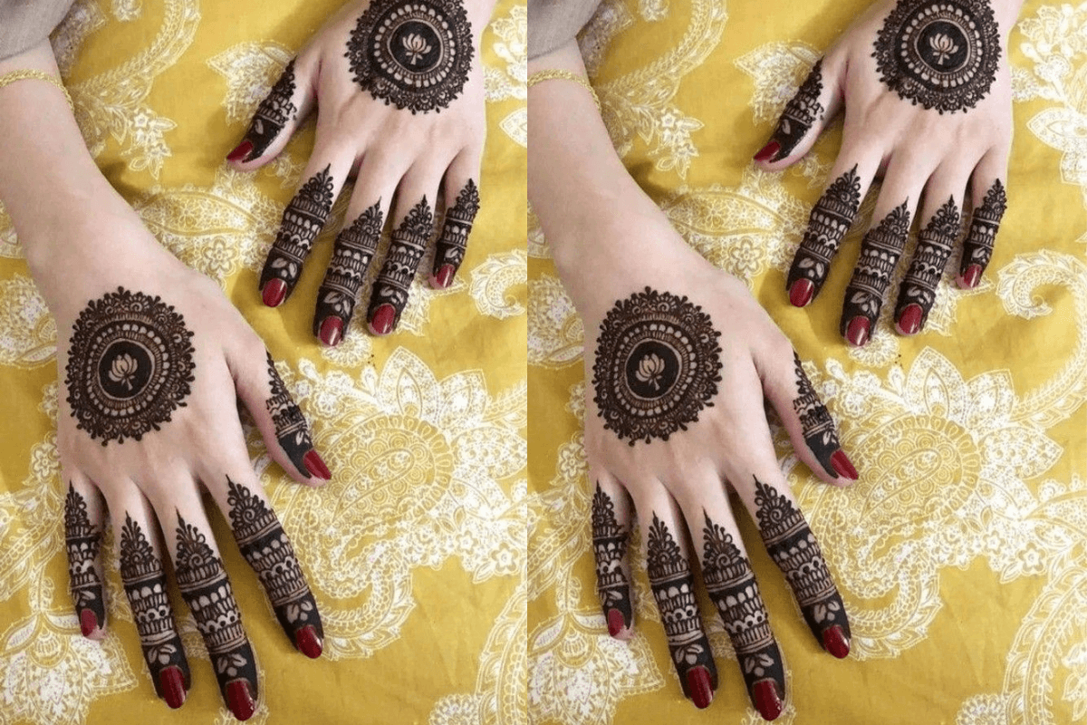 Round mandala mehndi design for Vat Savitri vrat with intricate detailing on palm