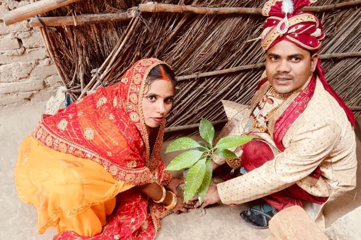 आम का पौधा लगाते हुए दुल्हा दुल्हन
