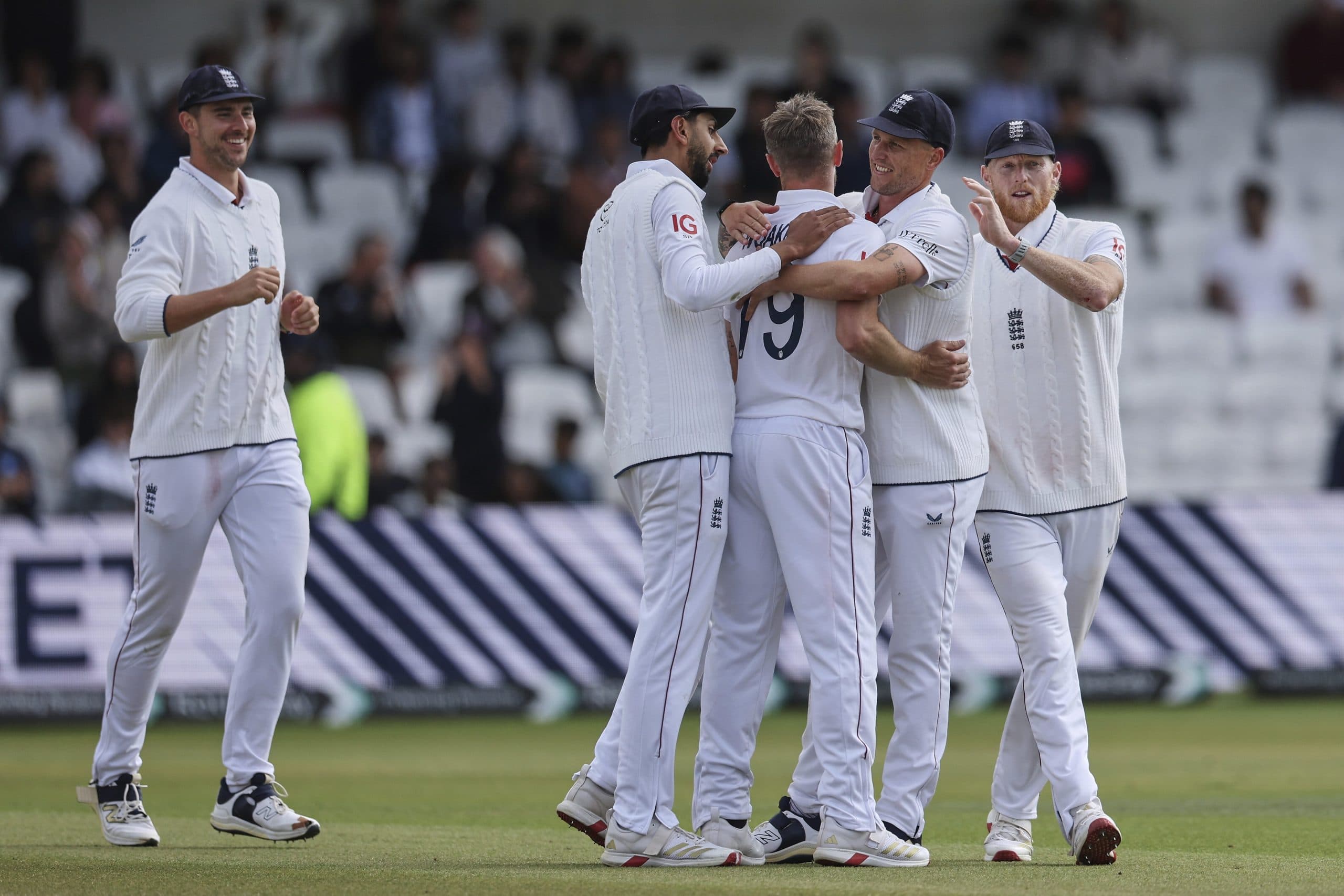England players celebrate the dismissal of Karun Nair