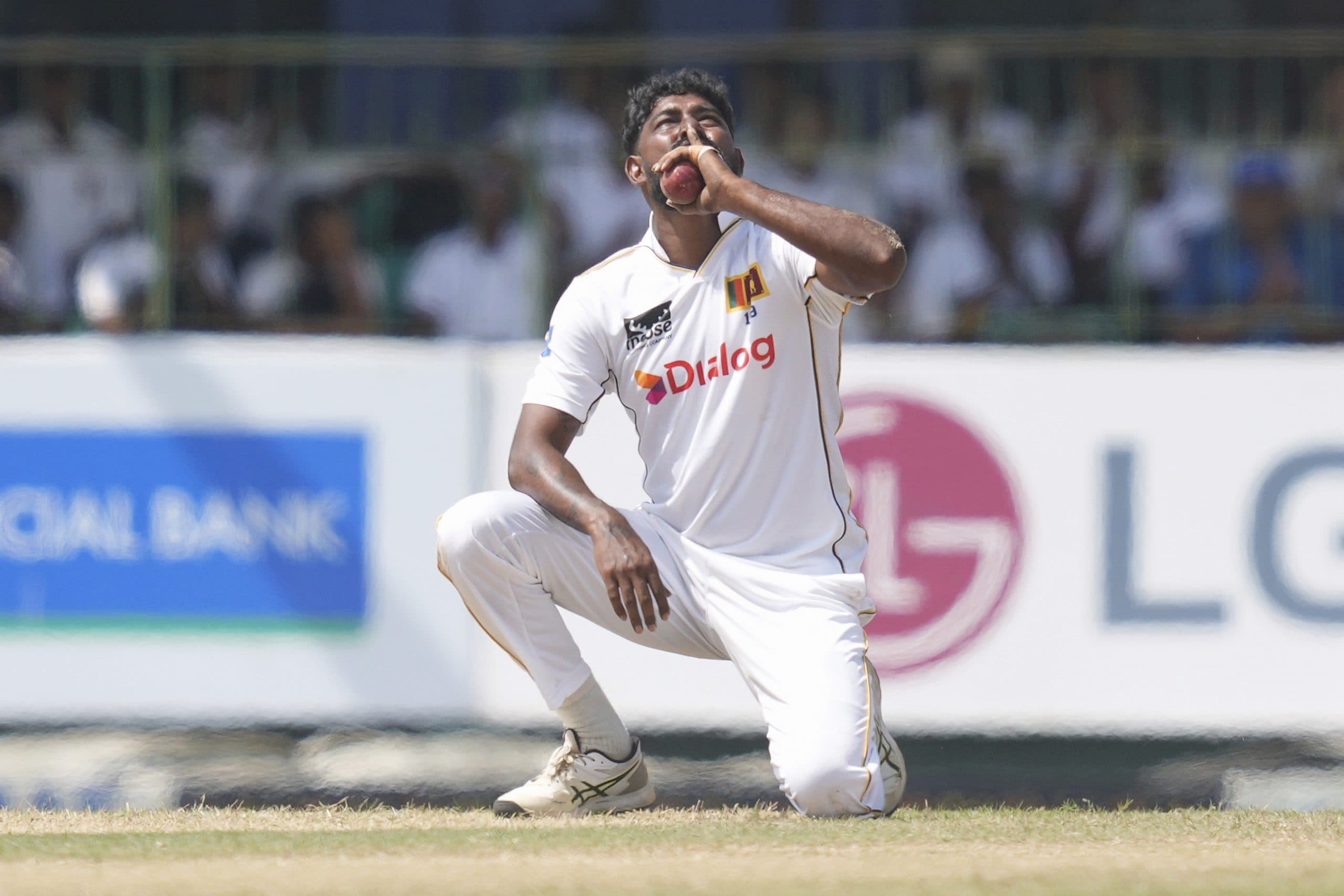 Prabath Jayasuriya celebrates taking wicket during SL vs BAN 2nd Test.