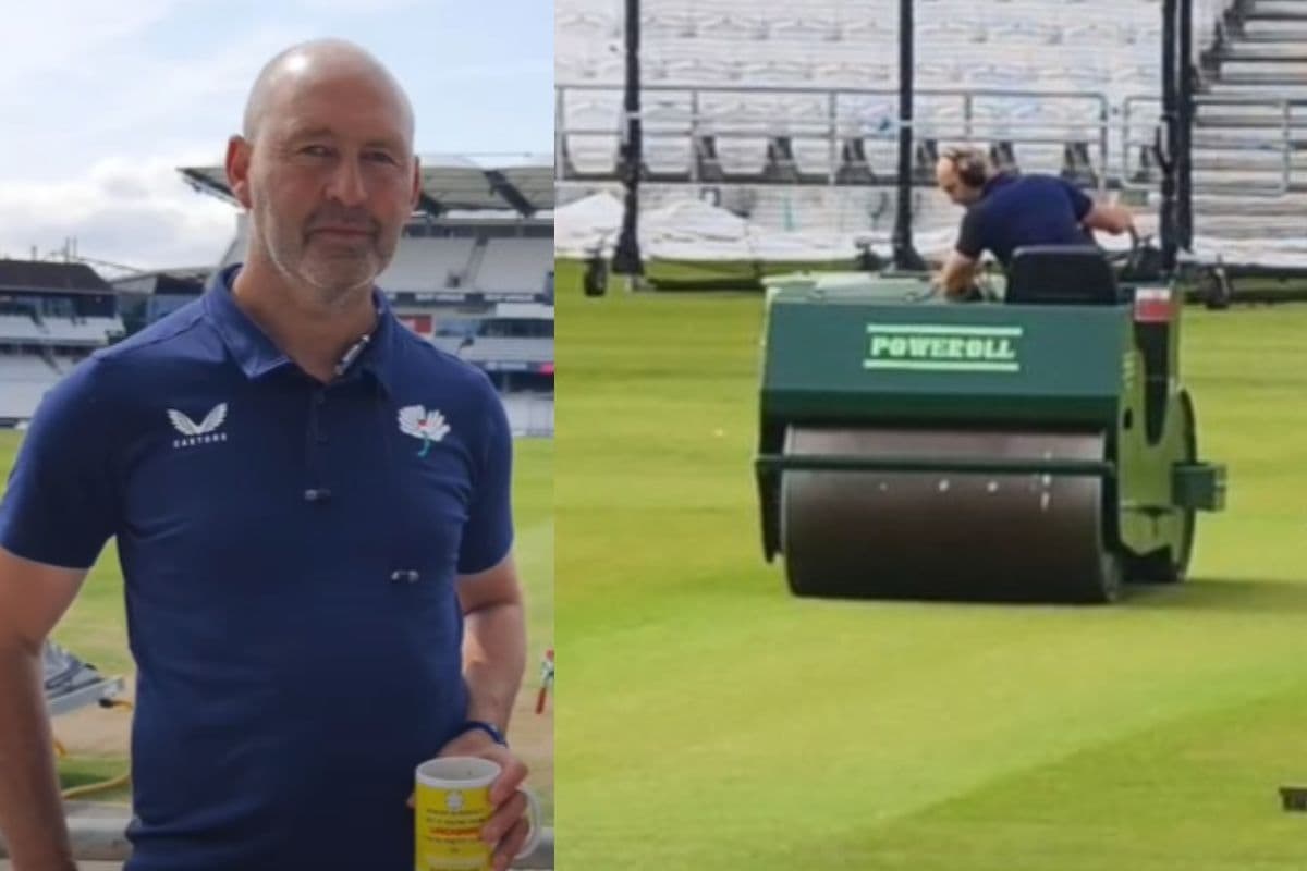 Curator Richard Robinson on Pitch of Headingley Leeds Ground.