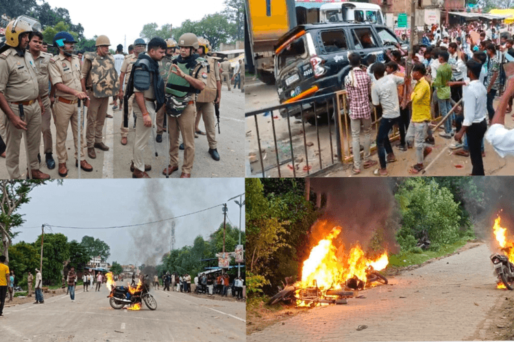 प्रयागराज में चंद्रशेखर को दलित से मिलने से रोका, भड़की भीड़ ने पलट दी डायल 100 और गाड़ियों में लगाई आग