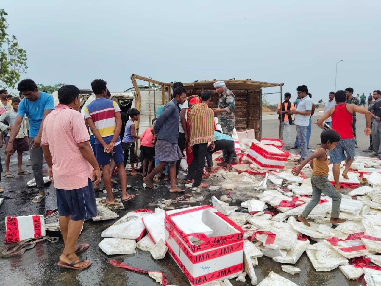 मछली लदा वाहन पलटा, राहगीरों में मची लूटने की होड़