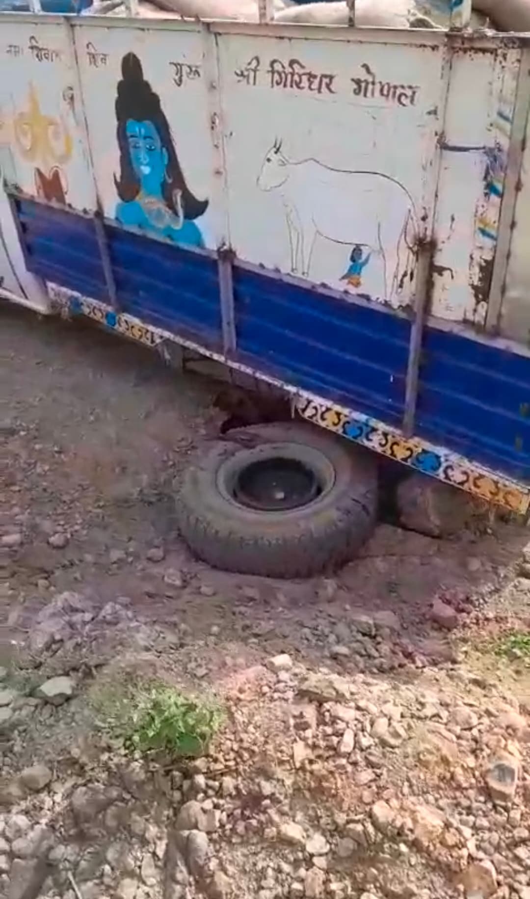 चावल लदी वैन जर्जर सड़क पर फंसी, आदिवासी क्षेत्र का संपर्क पूरी तरह टूटा