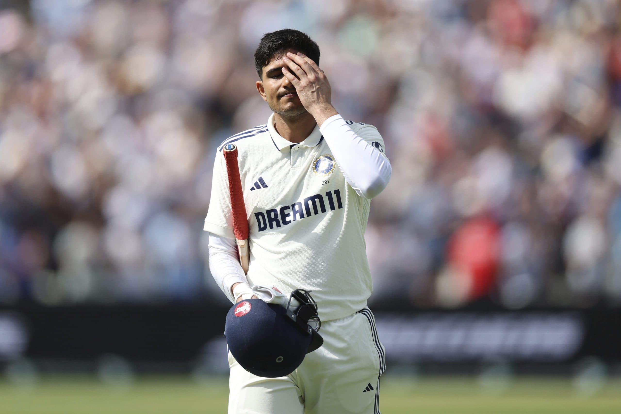 Shubman Gill reacts as he walks off the field after double century.