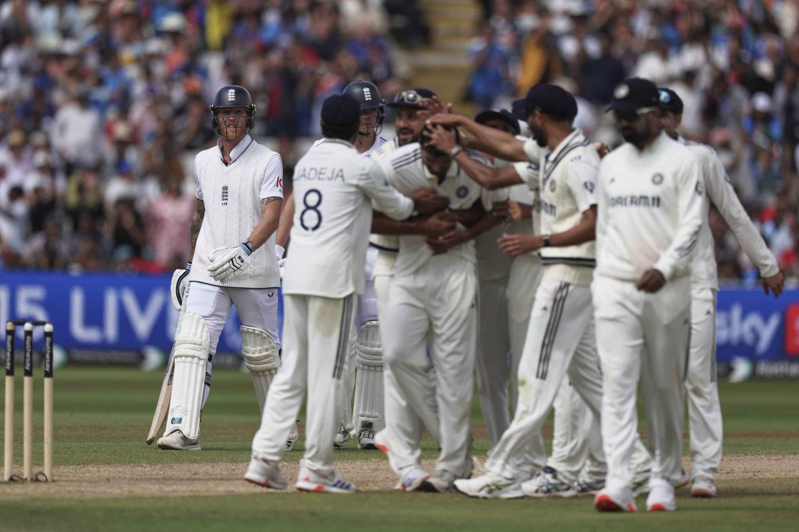 India celebrates dismissal of Ben Stokes.