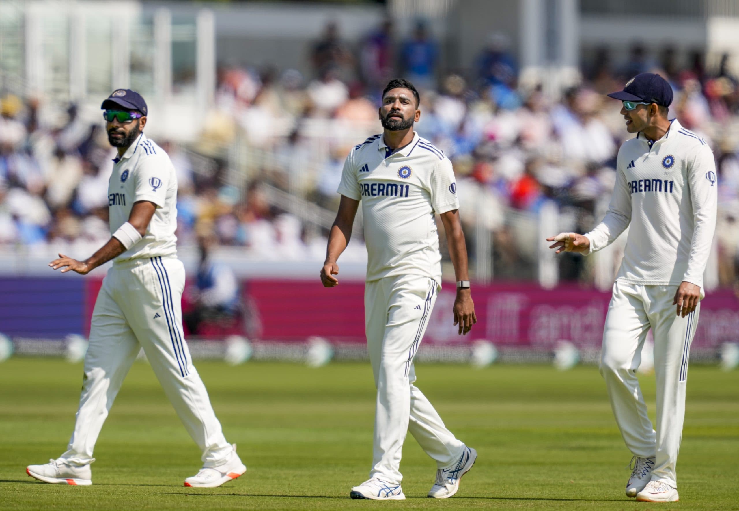 Mohammed Siraj with teammates Shubman Gill and Jasprit Bumrah in India vs England 3rd Test at Lord's