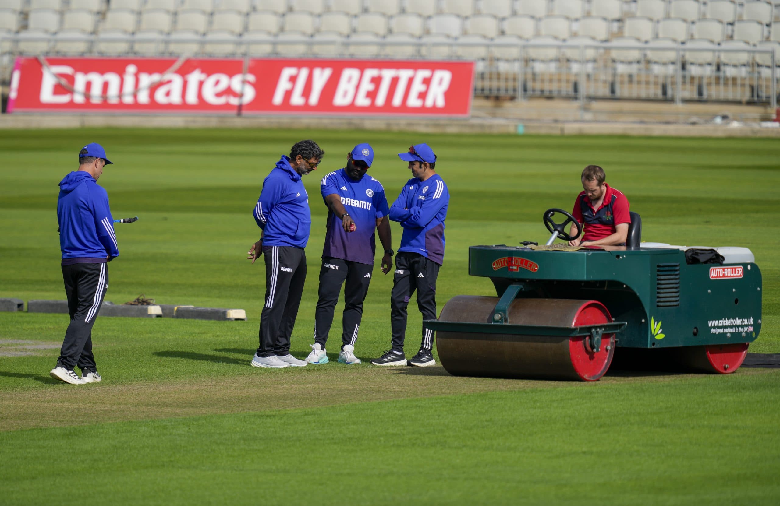 Gautam Gambhir inspects the pitch ahead of the 4th Test at Old Trafford, in Manchester