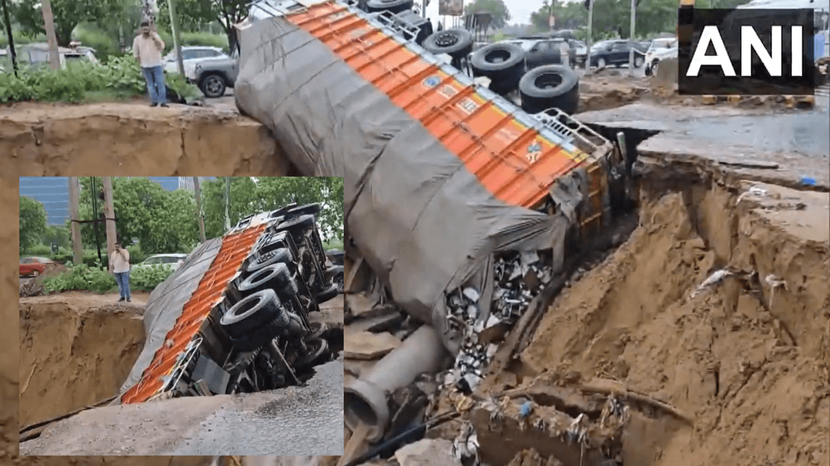 Watch Video: गुरुग्राम में सड़क बन गई खाई, बियर से लदी ट्रक गड्ढे में पलटी, देखें वीडियो