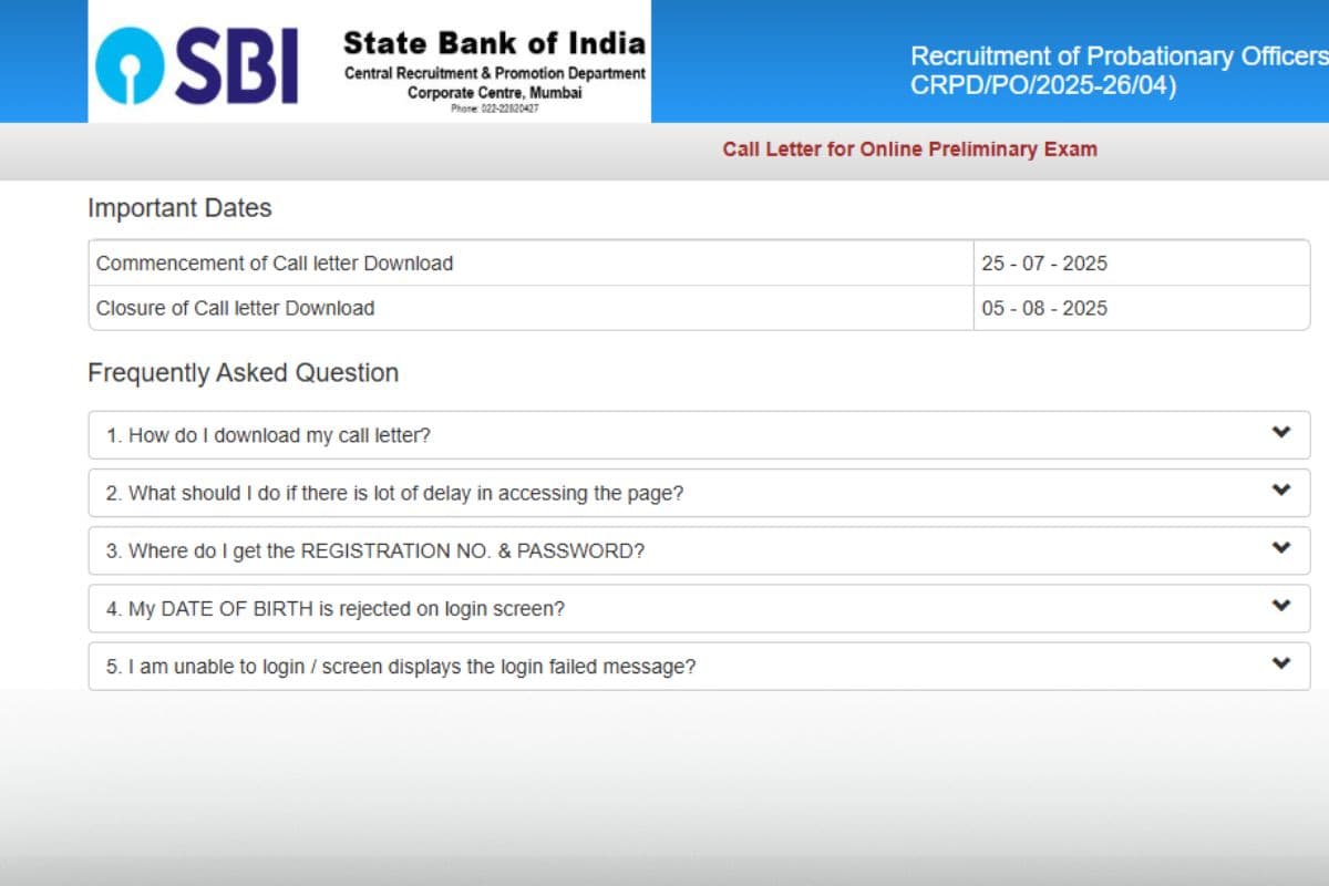SBI PO Admit Card 2025 OUT: एसबीआई पीओ प्रीलिम्स एडमिट कार्ड जारी, इस दिन होगा Exam