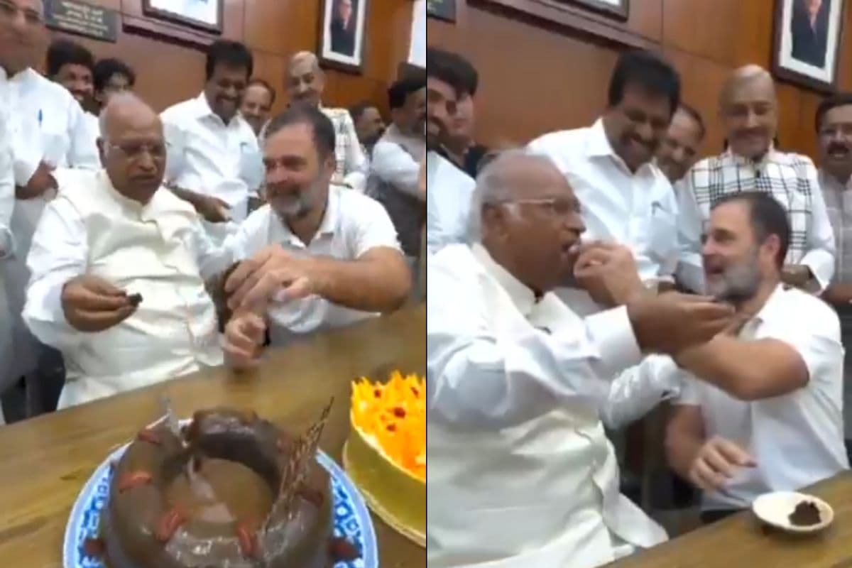 सदन में हंगामा, बाहर जश्न… खरगे ने काटा केक, राहुल ने खिलाया, देखें वीडियो