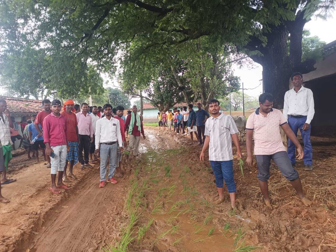 ग्रामीणों ने डाकबंगला-सामपुर सड़क निर्माण किये जाने को लेकर धान रोपाई कर विरोध जताया