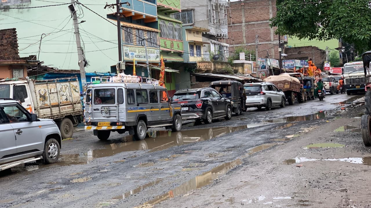 सड़क पर झुके पेड़ से मुख्य मार्ग में लग रहा जाम