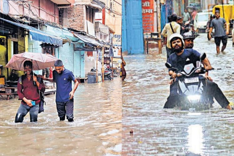 पटना जलजमाव Photos: सड़क-मुहल्ले और दुकानों में घुसा पानी, तैर रहे बाइक और कार