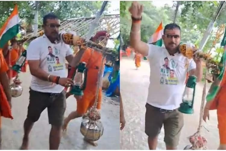 कांवड़ पर टंगा लालटेन, सीने पर तेजस्वी की फोटो… बाबाधाम में RJD फैन ने मांगी लालू के लाल को CM बनने की मन्नत