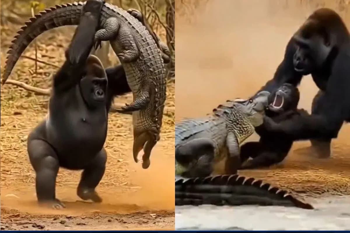 VIRAL VIDEO: जंगल में जंग, मगरमच्छ और गोरिल्ला की भिड़ंत, देखिए कौन पड़ा किसपर भारी