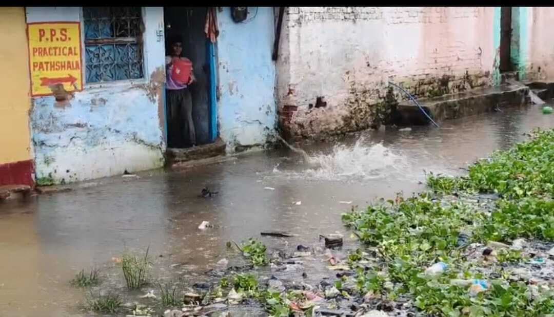 बदहाल सड़क व पसरी गंदगी चकाचक तारापुर के बोर्ड को दिखा रही आइना