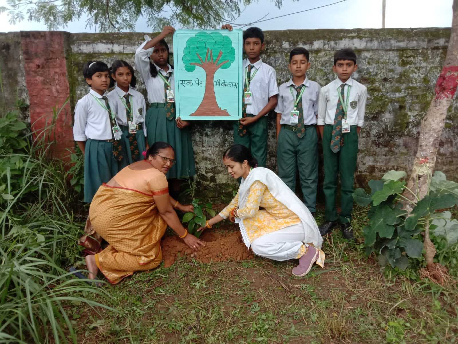स्कूल परिसर में '' एक पेड़ मां के नाम'' लगाये पौधे