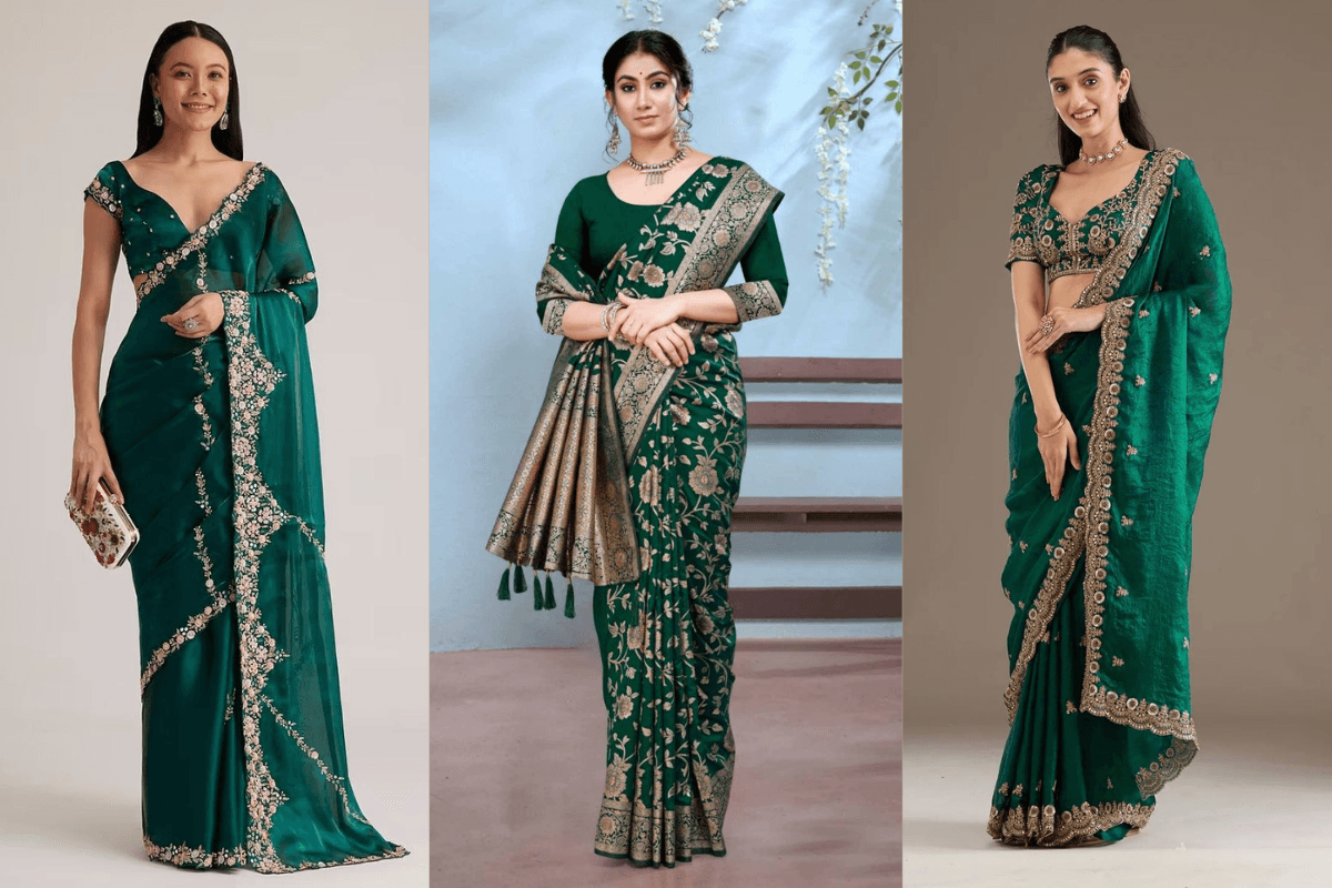 Women wearing a pista green saree with golden border, perfect for Teej celebration.