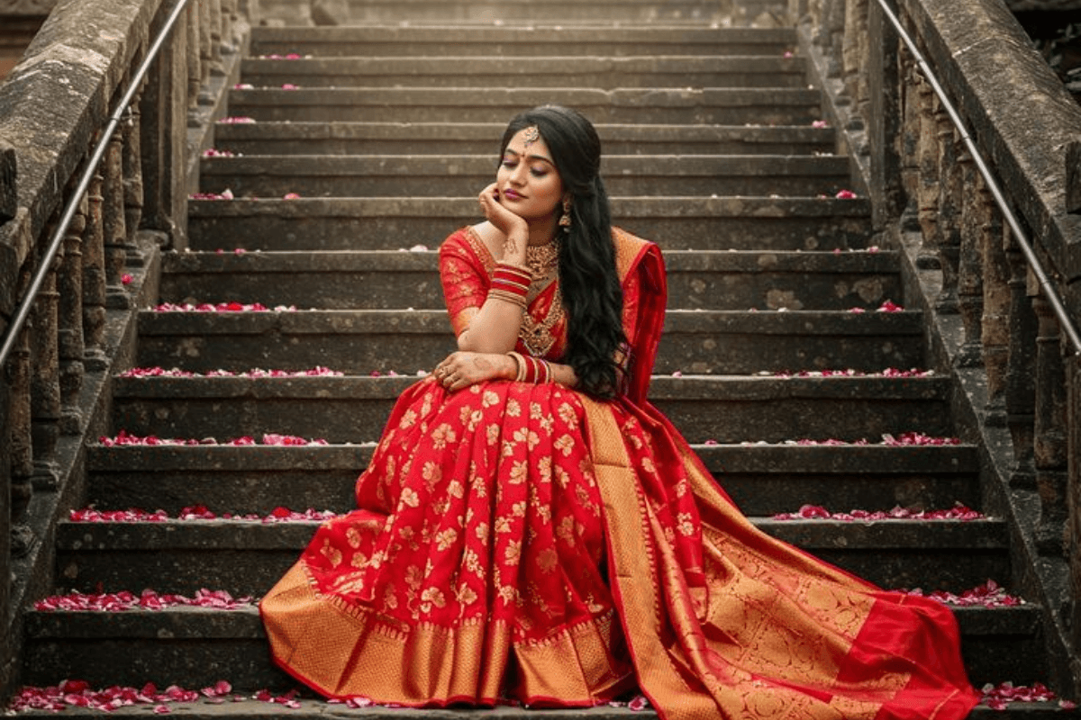 Beautiful Teej photoshoot of woman sitting on stairs in traditional saree