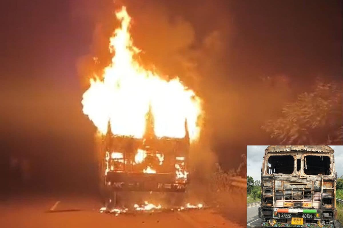 धनबाद से कानपुर जा रहे कोयला ट्रक में लगी आग, केबिन जलकर राख, बाल-बाल बचा ड्राइवर