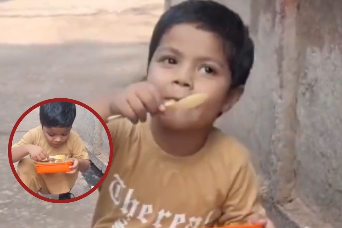Viral Video : स्कूल जाते वक्त भूख से मजबूर हुआ बच्चा, खुले नाले के पास सड़क पर बैठकर खा गया टिफिन
