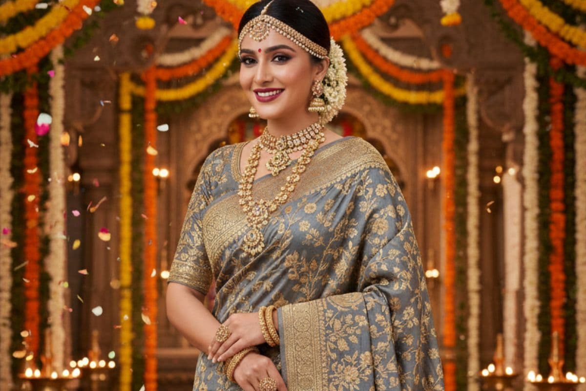 grey golden saree