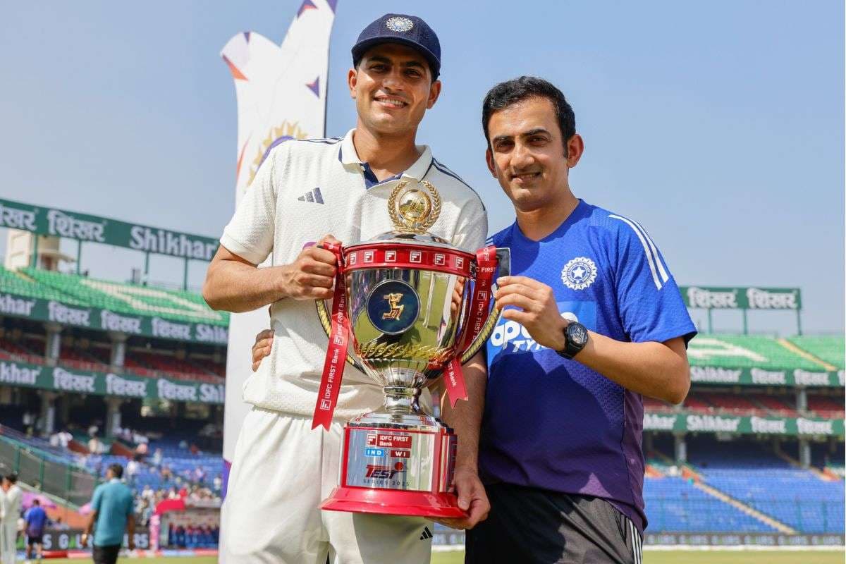 Shubman Gill and Gautam Gambhir with IND vs WI Test Series Trophy