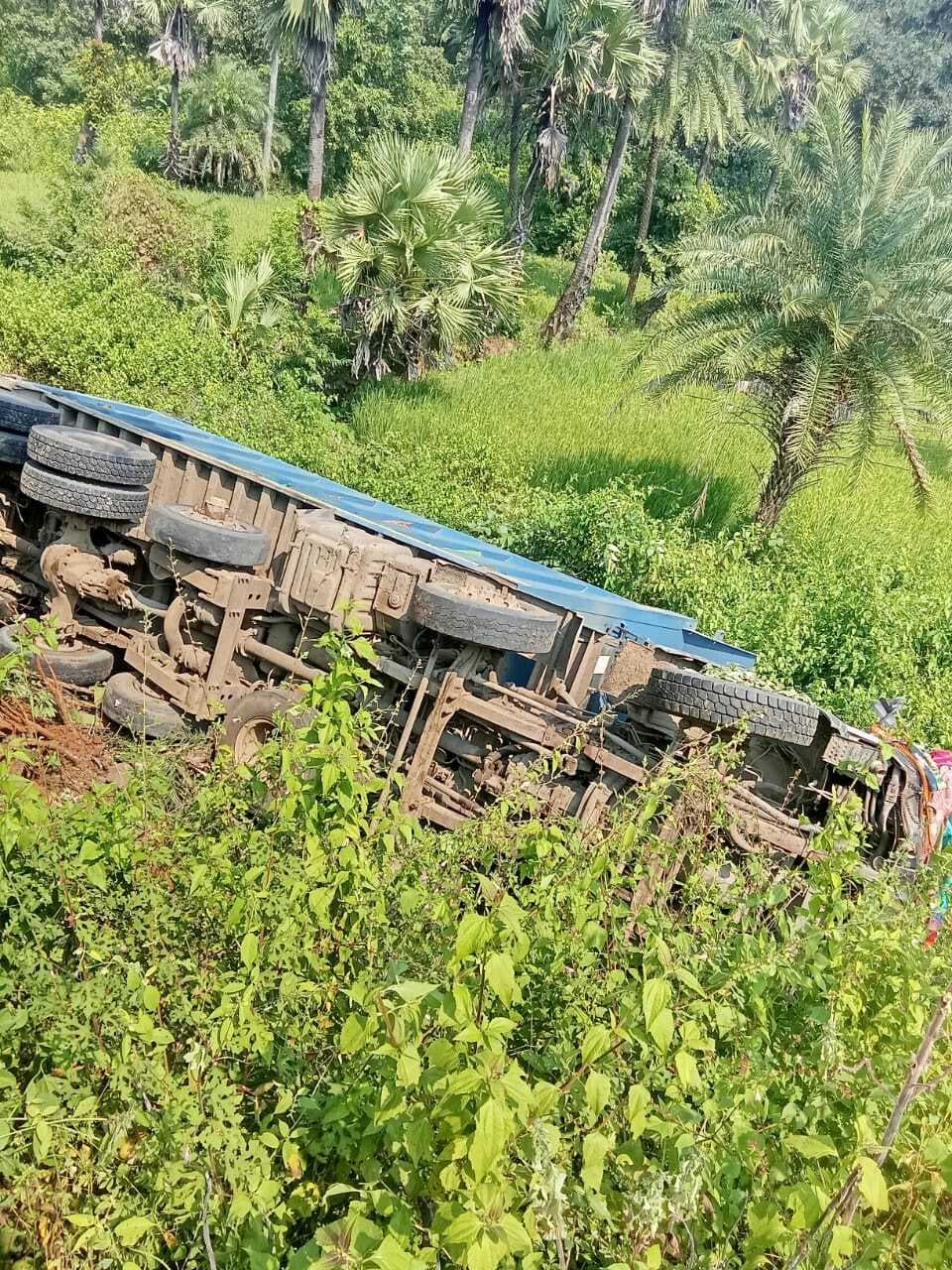 तेज रफ्तार हाइवा अनियंत्रित होकर पलटा