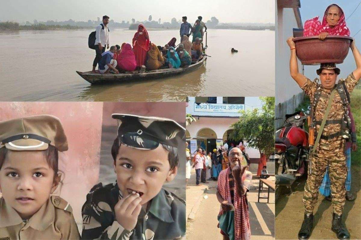 Bihar Elections 2025: बिहार में वोटर्स की अजब-गजब तस्वीरें, कोई भैस पर चढ़ कर पहुंचा, तो कोई नाव से