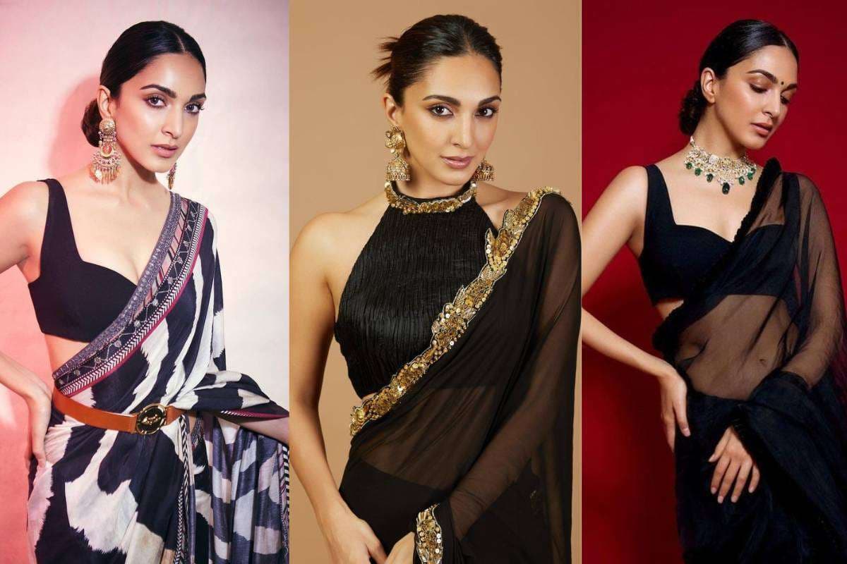 Kiara Advani in black sleeveless blouse design for saree look Kiara Advani in black sleeveless blouse design for saree look