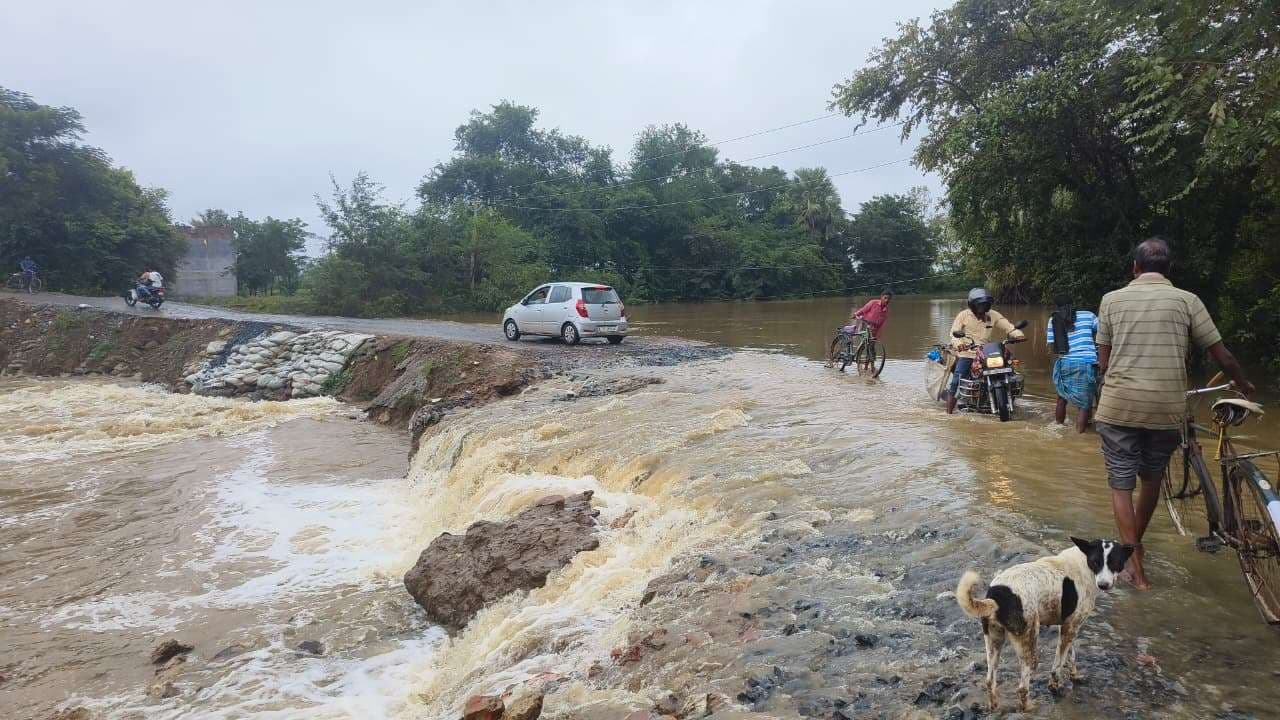 लगातार हो रही बारिश से डंगरी नदी में उफान, डायवर्सन के ऊपर से बह रहा पानी