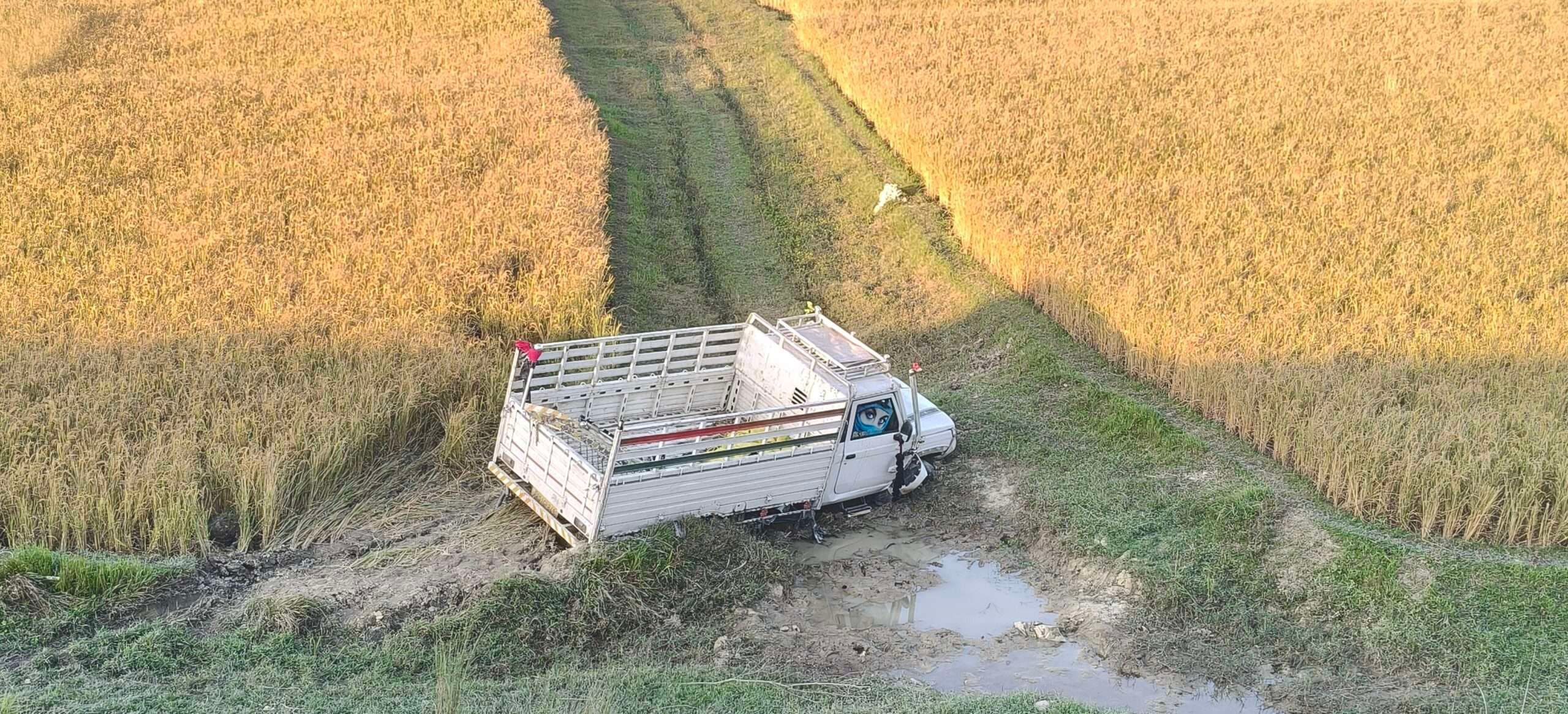 चालक की लगी आंख, पिकअप गड्ढे में गिरी