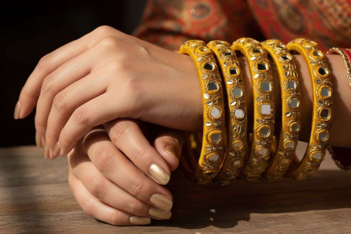 mirror work yellow bangle