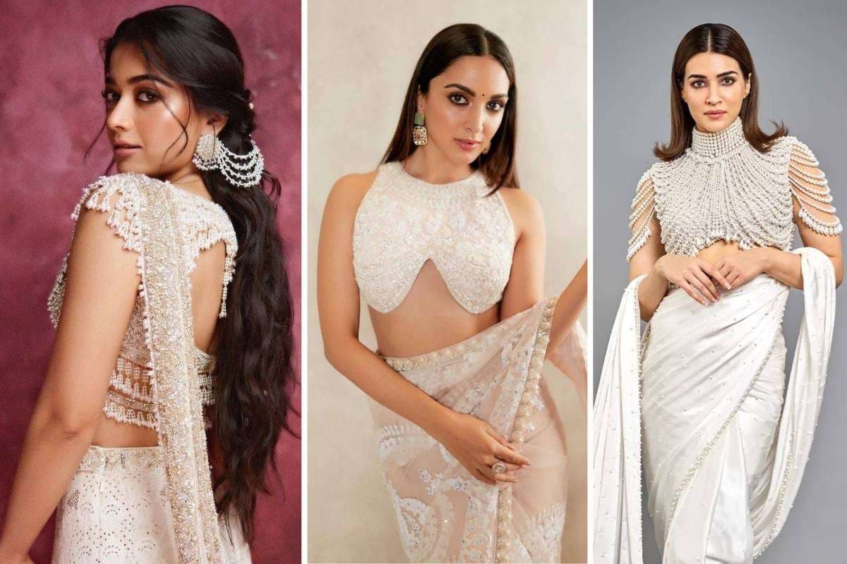 White Pearl Blouse Designs - Off-White Pearl Blouse Design and White Pearl Beaded Blouse Design