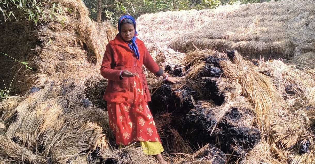 खलिहान में रखे धान के पुंज में लगी आग, क्षति