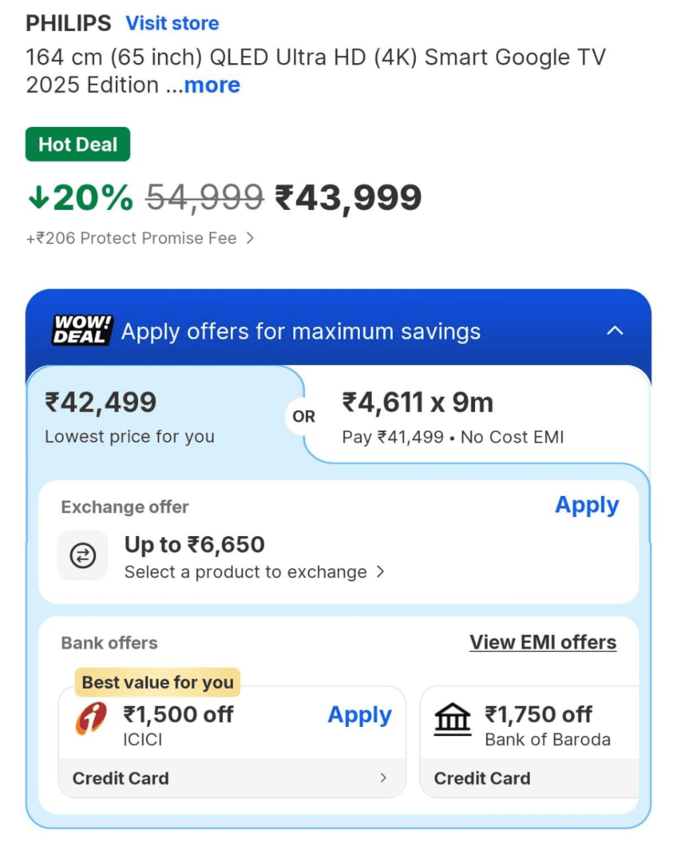 Philips 65 इंच स्मार्ट टीवी की कीमत