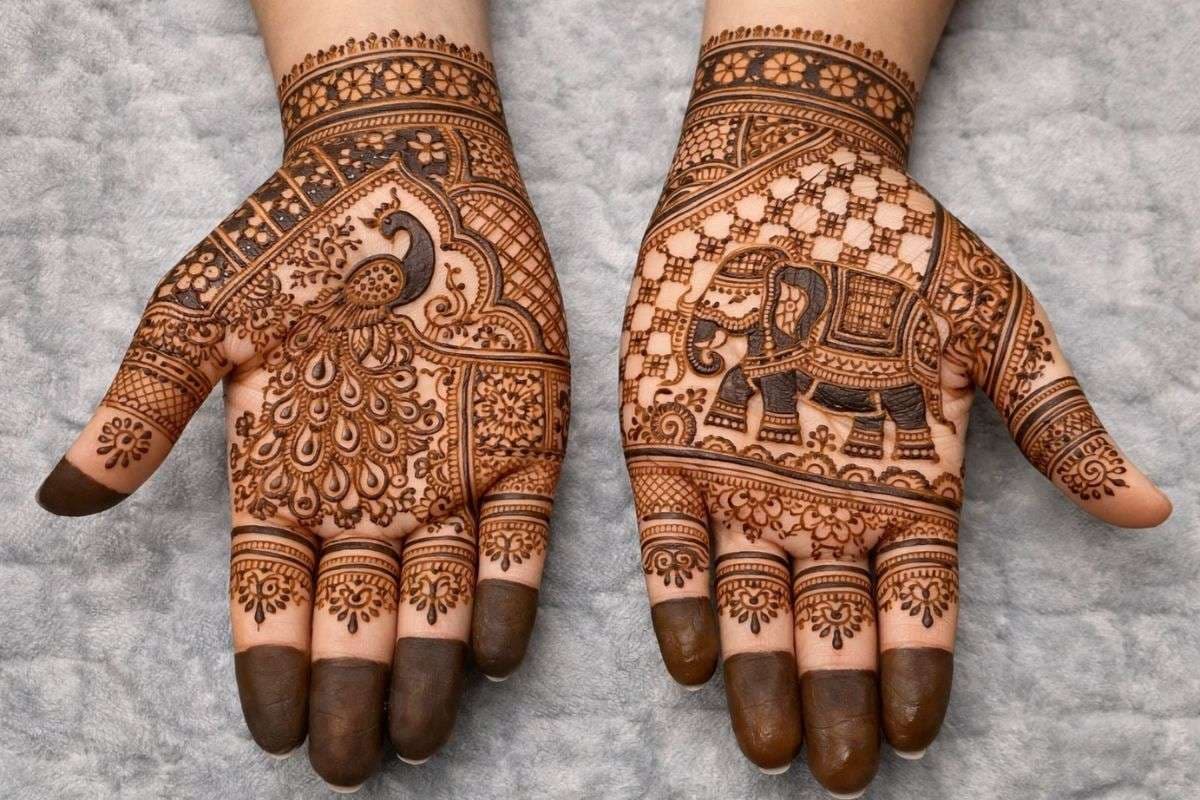 एआई सिंपल मोर-हाथी लोहड़ी मेहंदी डिजाइन
