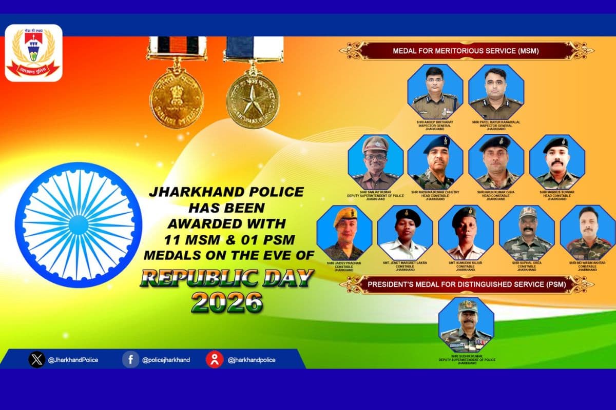 Jharkhand: IPS अनूप बिरथरे और DSP सुधीर कुमार के साथ 12 पुलिसकर्मियों को मिलेगा पुलिस मेडल Jharkhand: IPS अनूप बिरथरे और DSP सुधीर कुमार के साथ 12 पुलिसकर्मियों को मिलेगा पुलिस मेडल