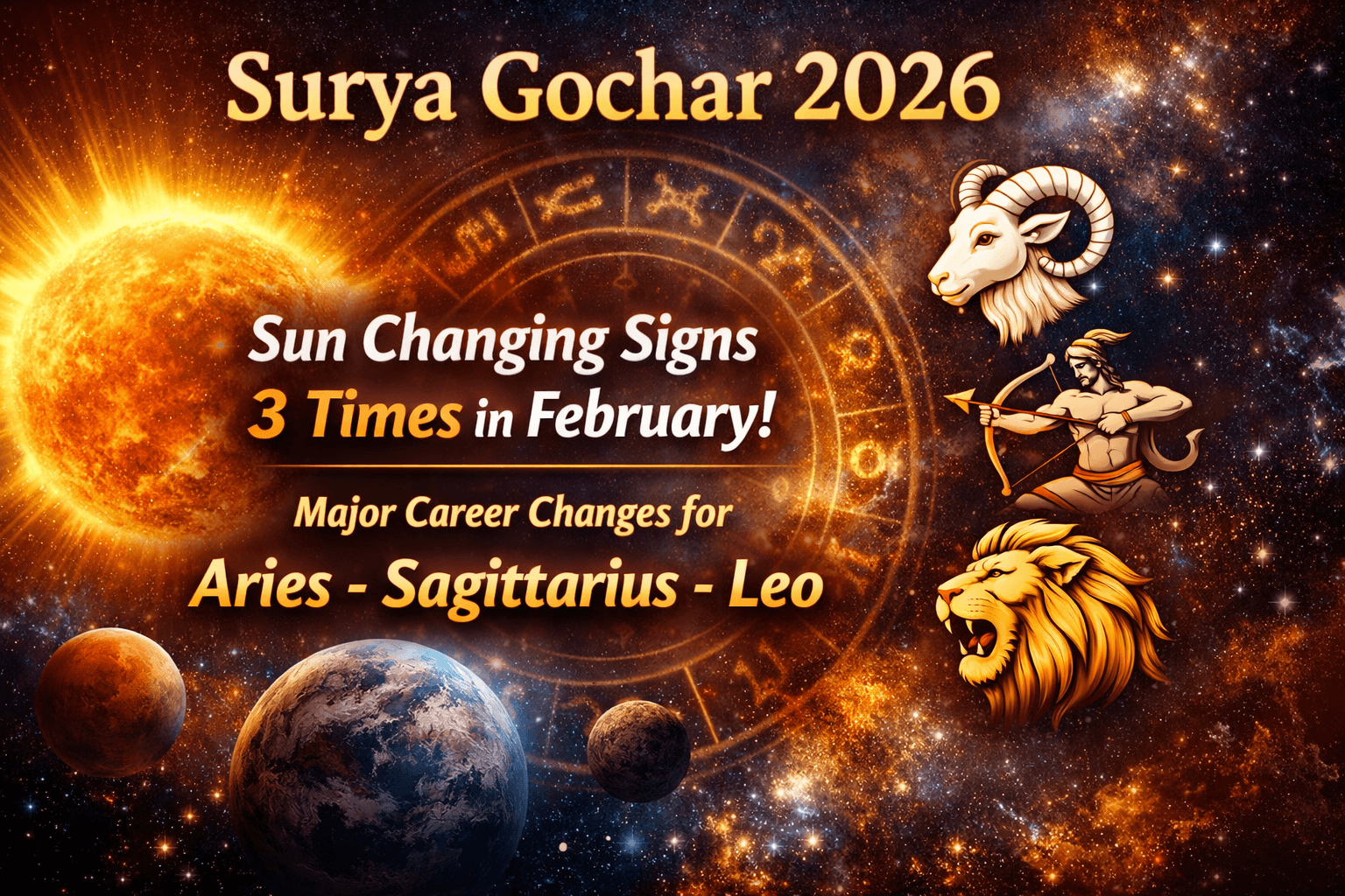 Surya Gochar 2026: फरवरी में ग्रहों के राजा सूर्य देव 3 बार बदलेंगे चाल, मेष–धनु और सिंह राशि वालों के करियर में आएगा बड़ा बदलाव!