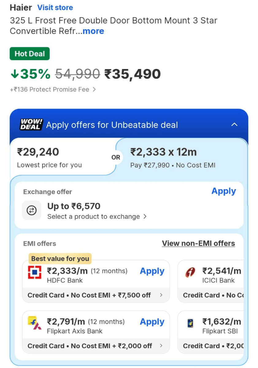 हायर डबल डोर रेफ्रिजरेटर ईएमआई ऑप्शन
