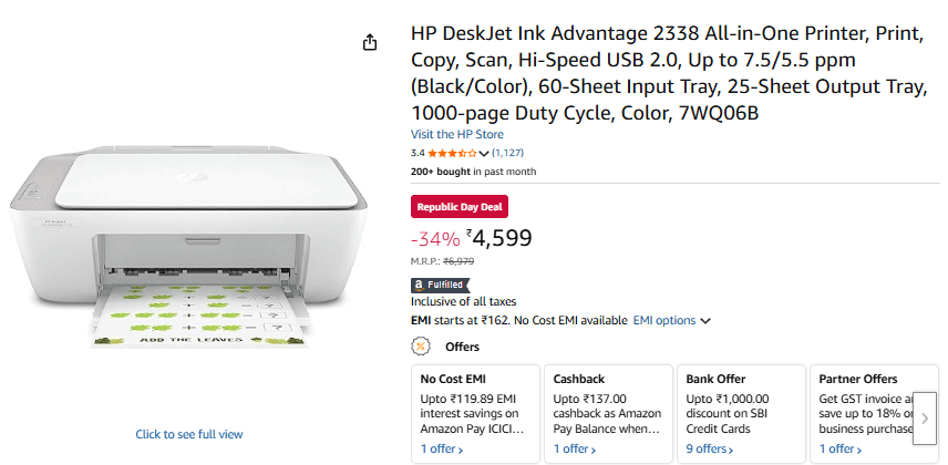 HP DeskJet Ink Advantage की कीमत
