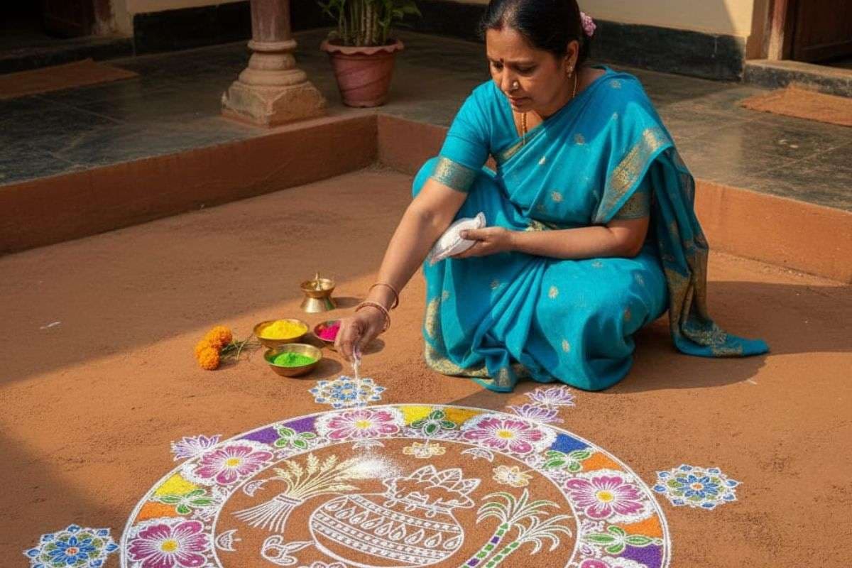 Rice Flour Pongal Kolam: चावल के आटे से बनी ये बेहतरीन कोलम, जो लाए घर में खुशहाली