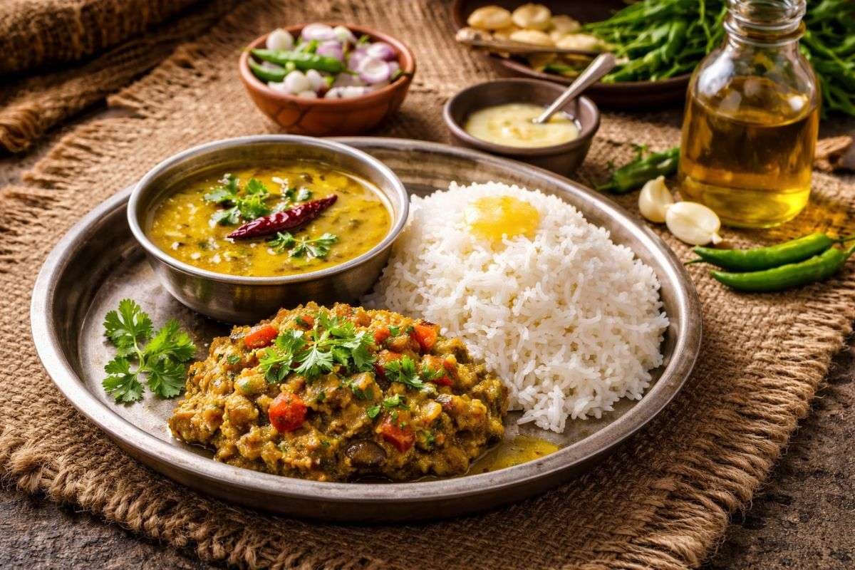 village style dal, bhaat chokha