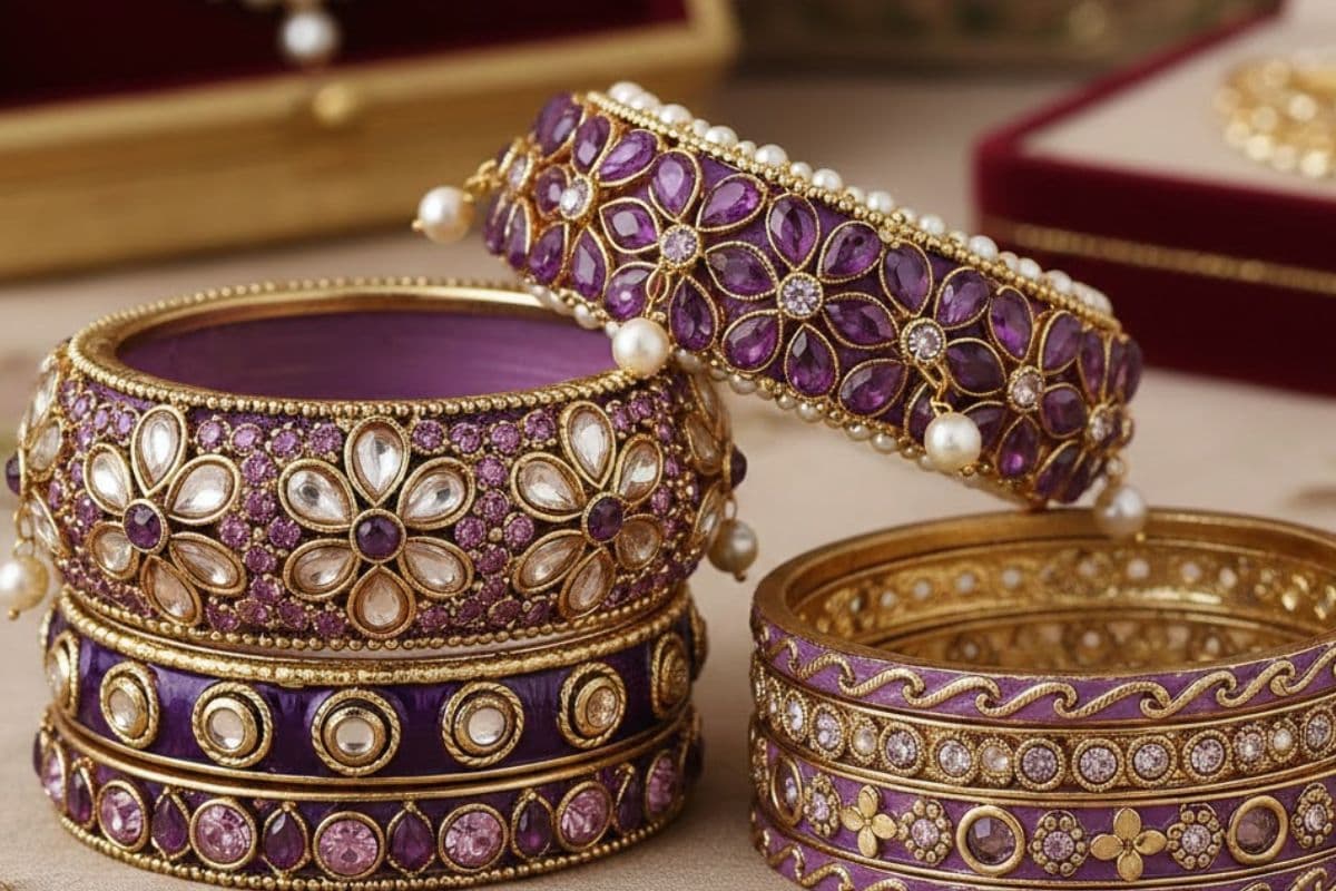 Kundan Studded Purple Bangles