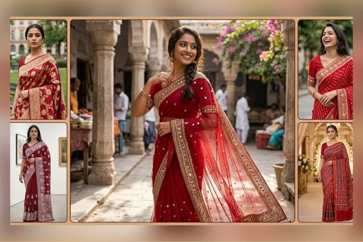 लुक को चार चांद लगाने के लिए देखें रेड साड़ी डिजाइन का कलेक्शन