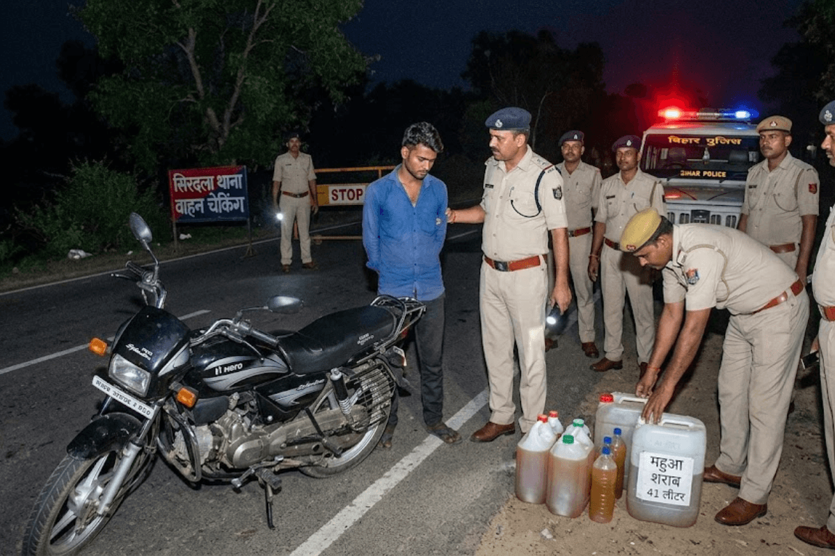 नवादा के सिरदला में शराबबंदी पर बड़ी कार्रवाई: वाहन चेकिंग के दौरान 41 लीटर महुआ शराब के साथ युवक गिरफ्तार
