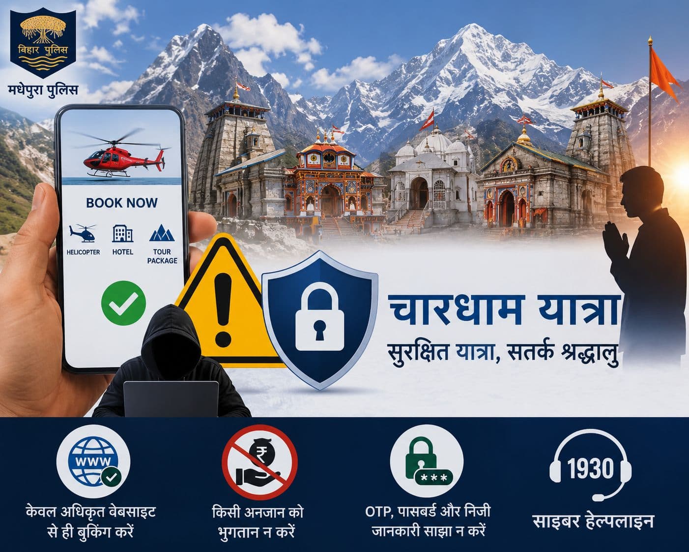 चारधाम यात्रा को लेकर मधेपुरा पुलिस का अलर्ट, ऑनलाइन बुकिंग में बरतें सावधानी