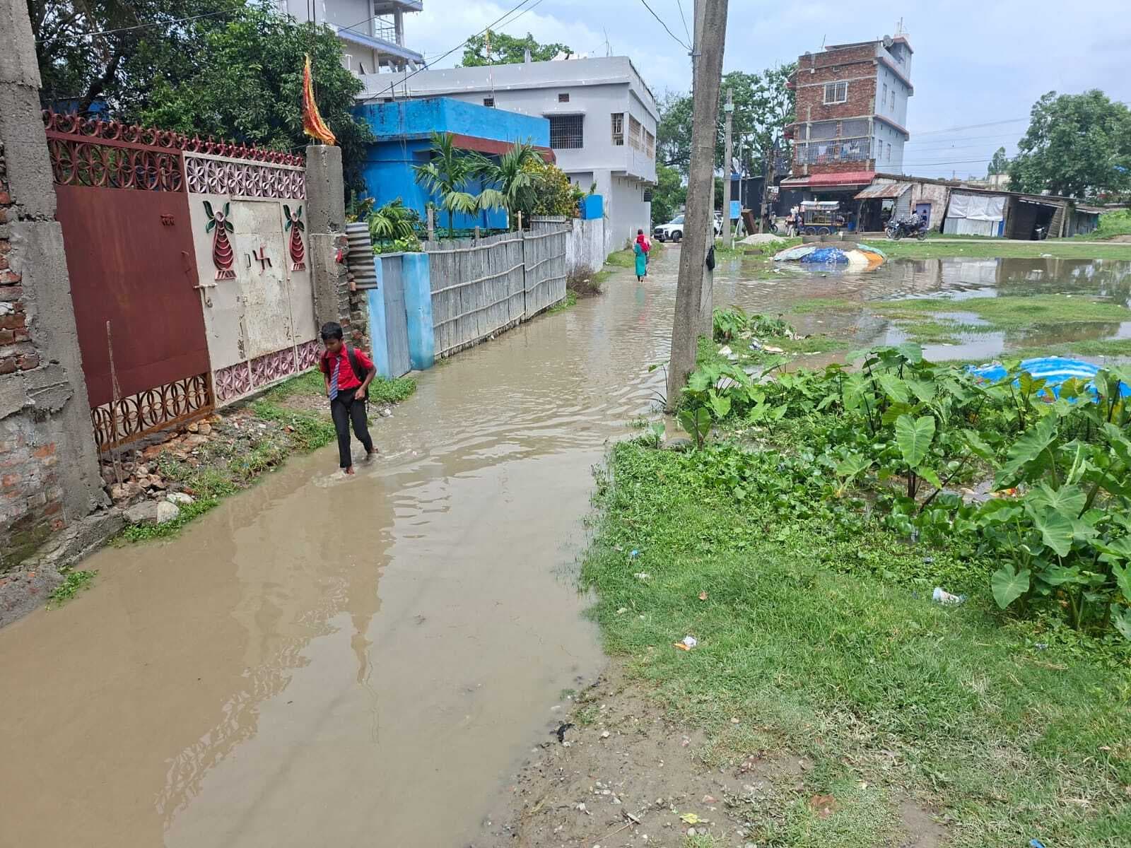 ARARIA बारिश के बाद जोगबनी के इंद्रानगर की सड़क पर जलजमाव, स्कूली बच्चों को हो रही परेशानी